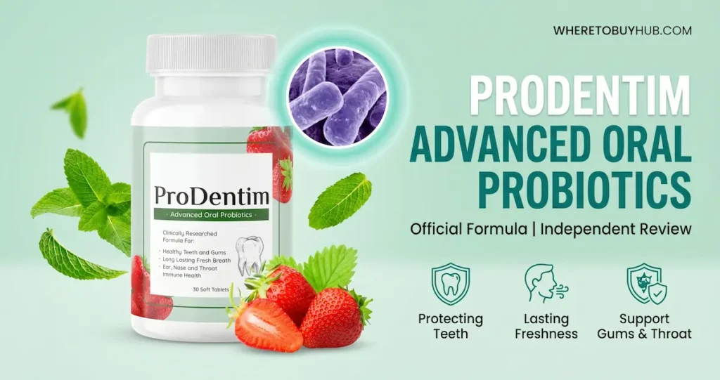 ProDentim review official bottle with fresh mint and strawberries