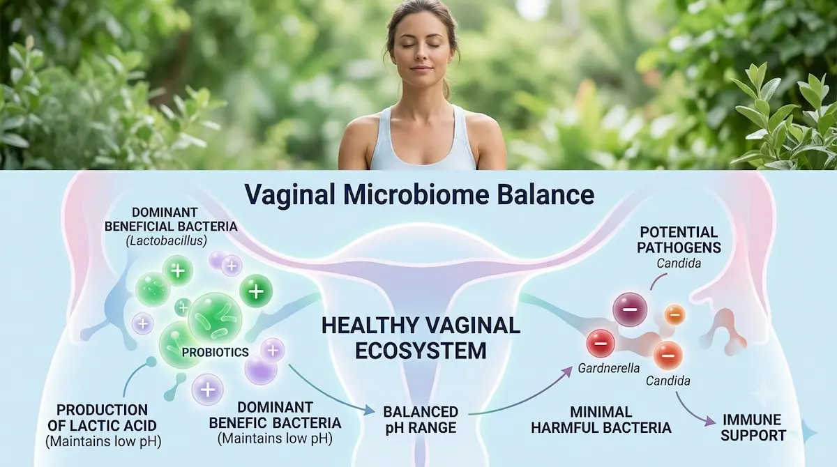 A healthy woman smiling alongside an illustration of a balanced vaginal microbiome.