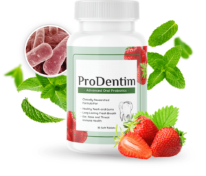 Official ProDentim probiotic bottle surrounded by fresh mint leaves and strawberries, verified manufacturer supply chain
