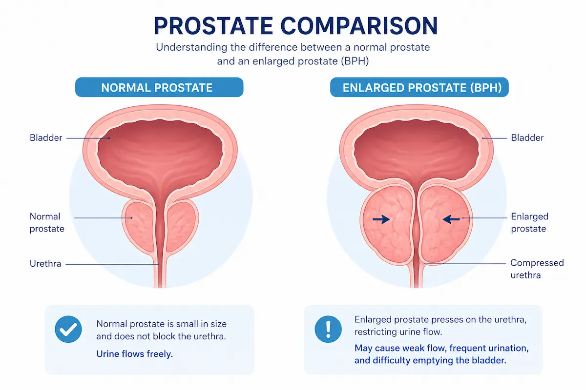 Diagram showing causes of a weak urine stream including enlarged prostate - why is my urine stream weak